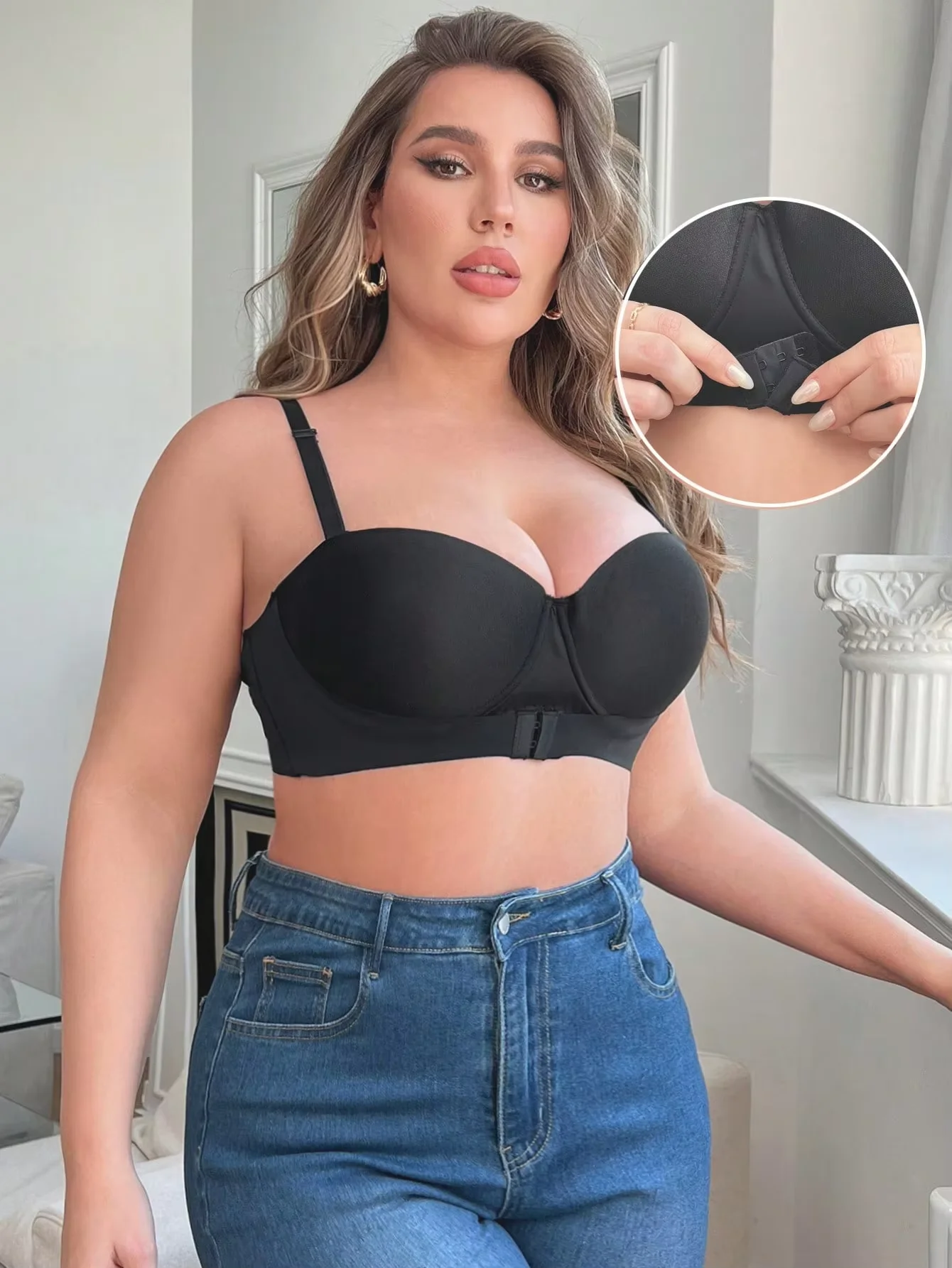 Women Large Bust Plus Size Strapless Bra Front Buckle Detachable Strap Push Up Anti Slip Seamless Support Brassiere Lingerie