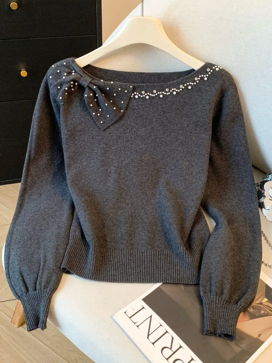 

Мягкий свитер с узором и декоративными узлами для женщин, весна-осень 2026, новинка, рукава-фонарики, вязаный, в стиле маленькой Франции