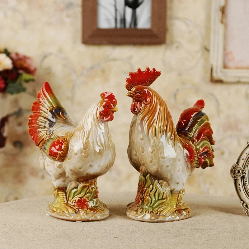 1Pair Ceramic Rooster Hen Statue Figurines Handmade Collectibles Art Vintage Home Living Room Table Decor Gift For Chicken Lover