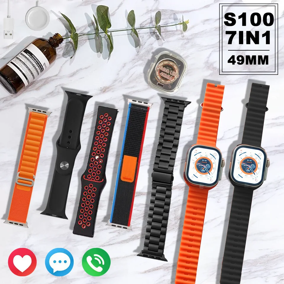 New S100 Ultra  7in1 Watch Straps Smartwatch 2.2HD Amoled Circular Screen ECG Monitoring Reloj inteligente with Protective Case