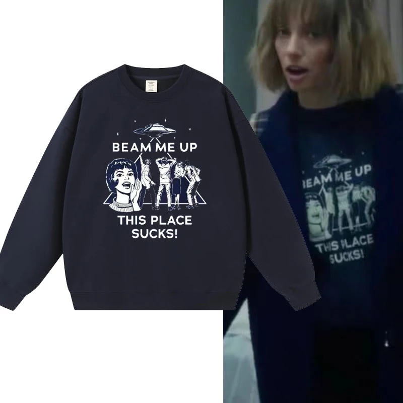 

Blue Fce-lined Round-ne Sweatirt for Couples Movie Stranger Things Season 5 Robin Winter Faion Cotton Fabric ex