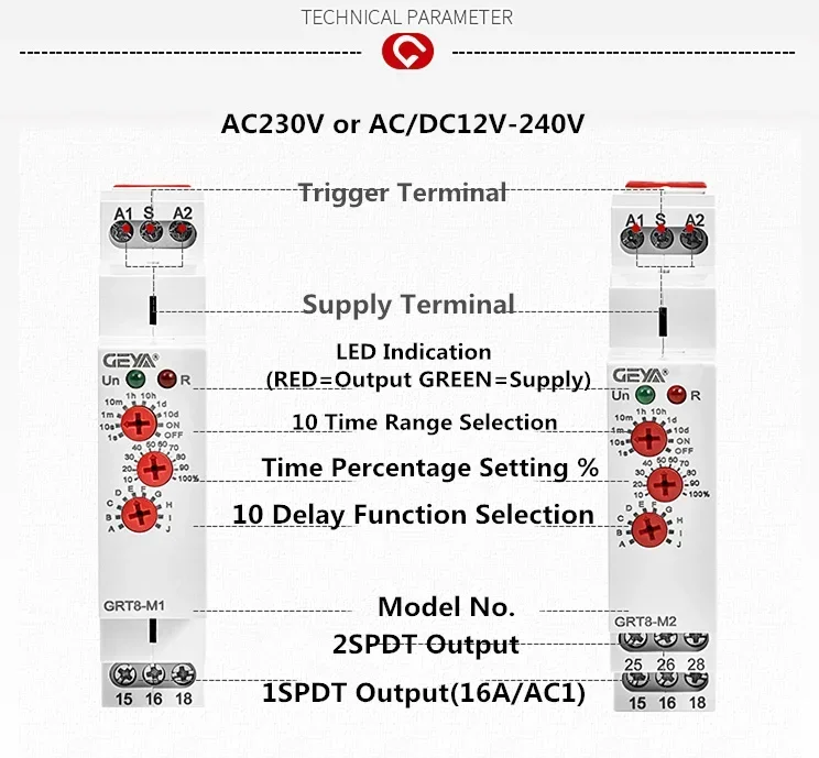 GEYA GRT8-M Adjustable Multifunction Timer Relay with 10 Function Choices AC DC 12V 24V 220V 230V Time Relay Din Rail