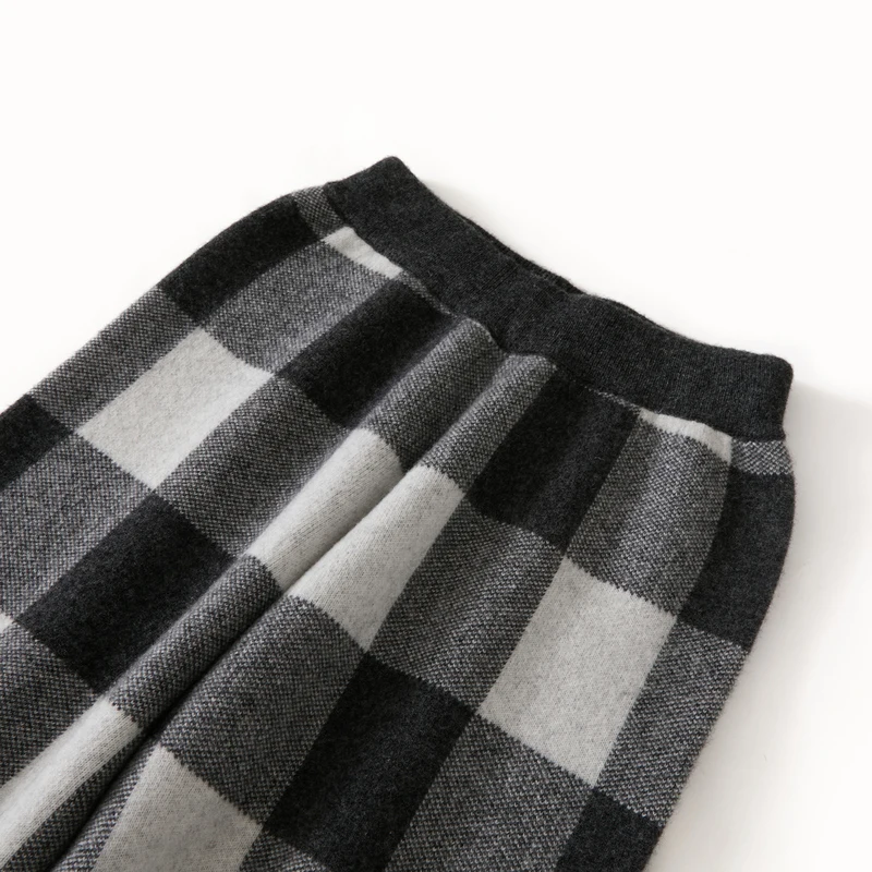 DjzDsm Women's Autumn Winter Thickened Plaid Wide Leg Pants 100% Pure Wool Knitted Long Trousers Woolen Pants Bottom Wear