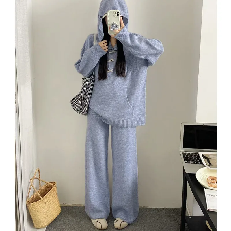 

Casual loose Solid Knit Hoodie Sweater+Elastic Waist Pants 2-piece Set Women's Winter Suit New Button Large Pocket Pant Sets