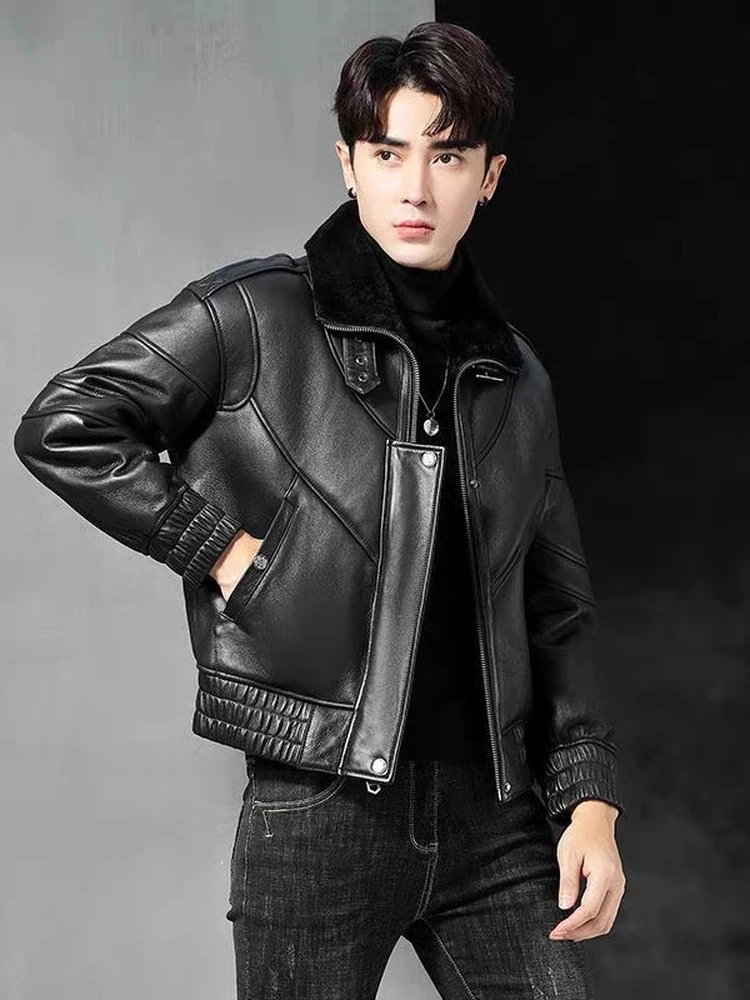 

Men's Fce Lined Real Leather Jaet Collar up Coat eepskin Lamb Fur Outerwear Winter Sle Casual Wear Polyester Fiber