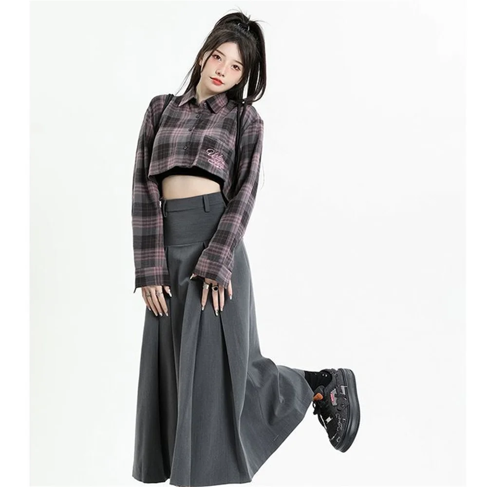 Autumn Winter Gray Korean Style Skirt Women Clothing 2024 New Design High Waist A-line Vintage Pleated Fashion Long Skirt XS-3XL