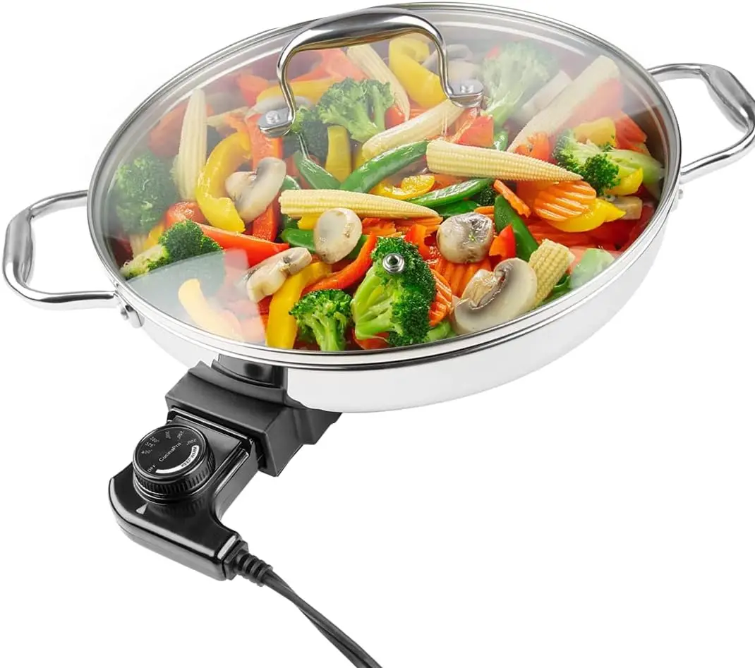 12 Inch Round Electric Skillet 18 10 Stainless Steel Pan Tempered Glass Lid Frying Pan Top Handles Adjustable Temperature Contro