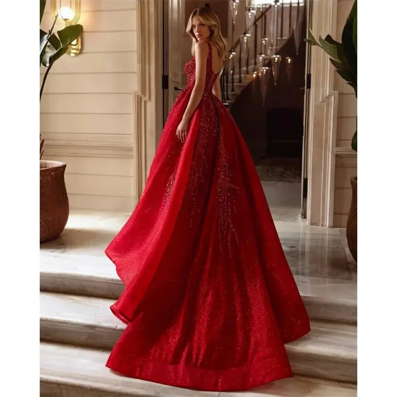 Robe de bal rouge trapèze de luxe, dos nu, avec fente latérale en cœur, longueur au sol, robe de soirée formelle personnalisée Manmuxi
