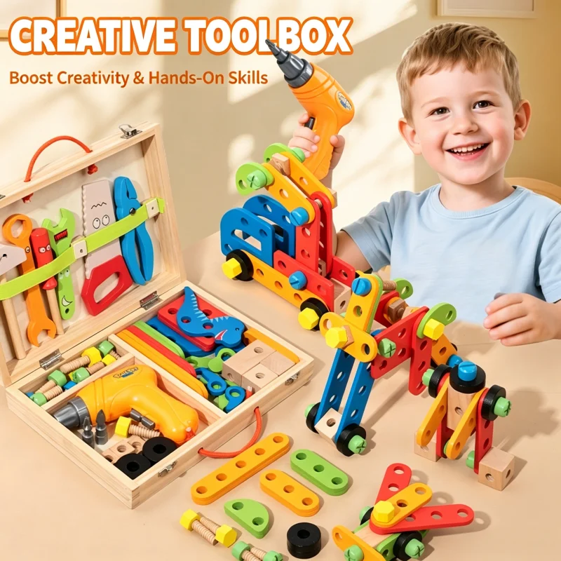 Wooden Kids Pretend Toolbox Toy DIY Assembly Building Blocks with Reversible Drill STEM Montessori Construction Educational Gift