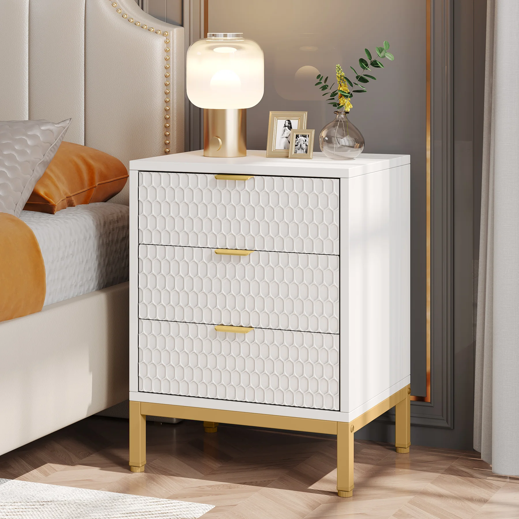 

Customizable Mesita noche morna Tribesigns, mesita noche 65,5 cm altura con 3 cajones, mesa auxiliar contemporánea