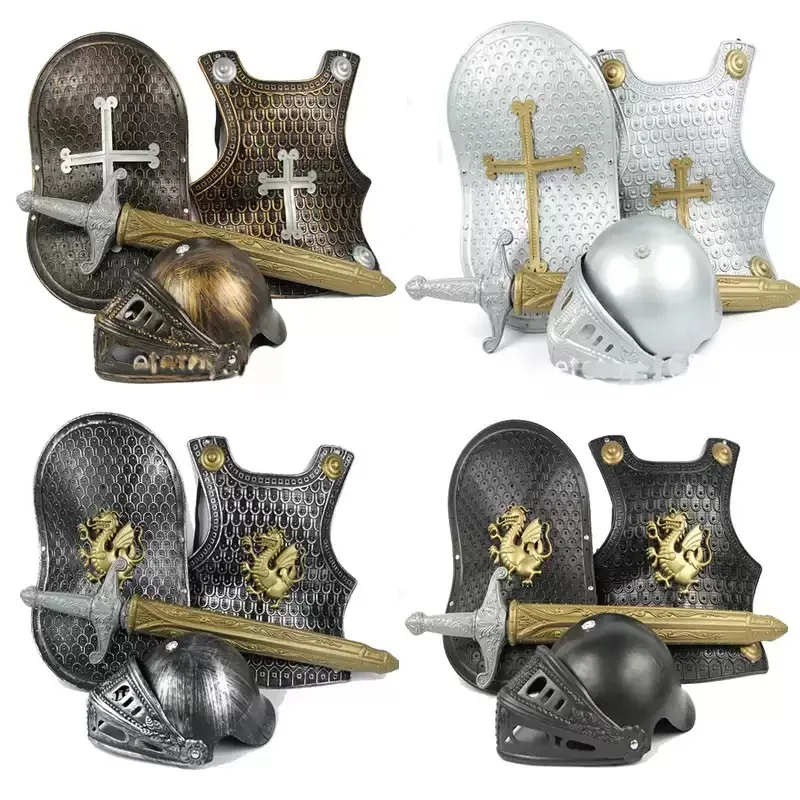 Kids Ancient Roman Knight Armor Toy  Helmet Breastplate Sword Shield Costume Props for Halloween Party Role‑Play Fancy Dress‑Up