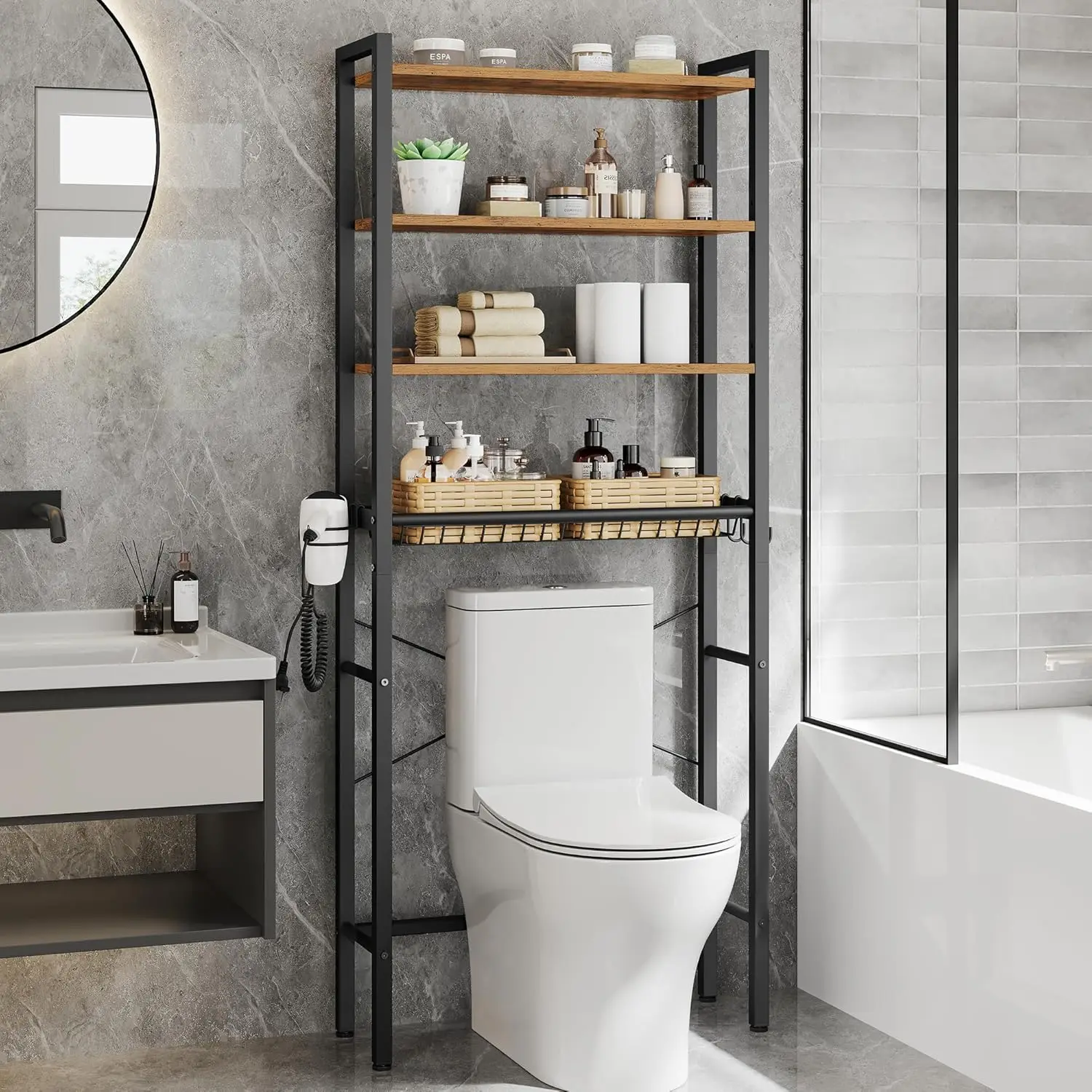 

Over Toilet Storage with Adjustable Shelves and Basket, 3 Hooks, Space Saving, Rustic Brown