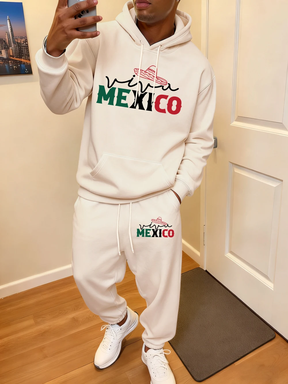 2 قطعة مجموعة هوديي الرجال المكسيك الإبداعية رسالة مطبوعة Sweatpants جيب غير رسمي فضفاض الركض وتتسابق الشتاء الصوف الملابس الدافئة