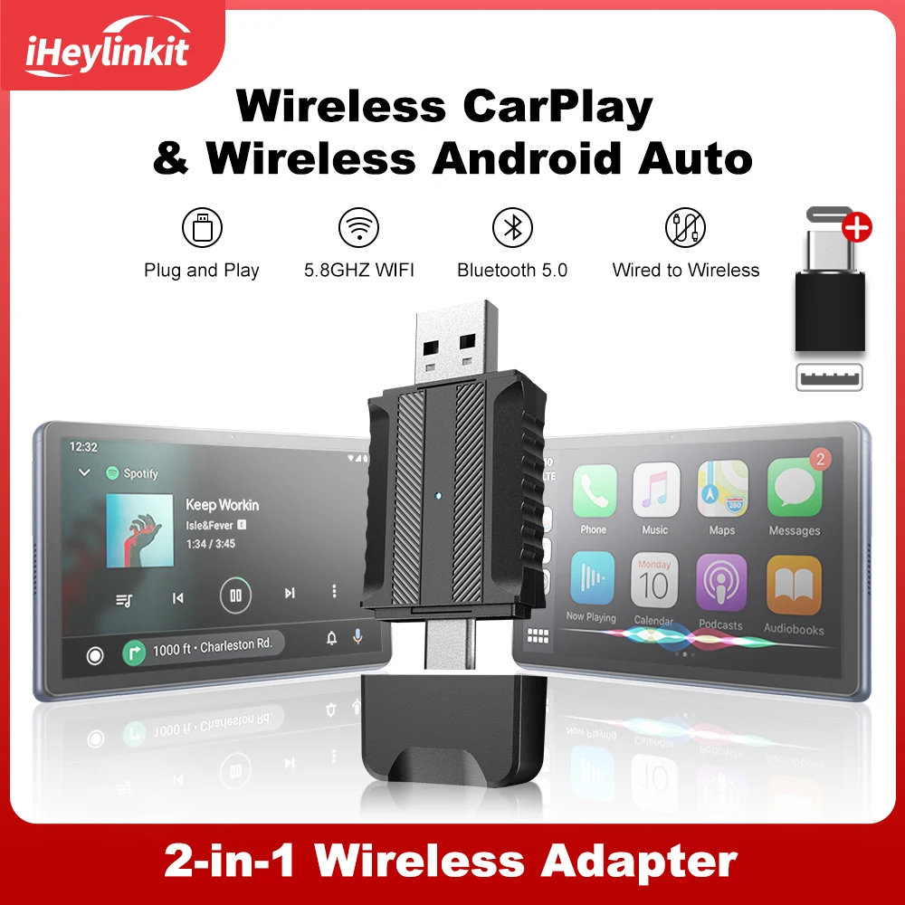 iHeylinkit 2In1 سلكي إلى CarPlay اللاسلكي Android Auto Car Radio Type-C USB التوصيل والتشغيل لأودي تويوتا بنز هوندا مازدا الخ #1