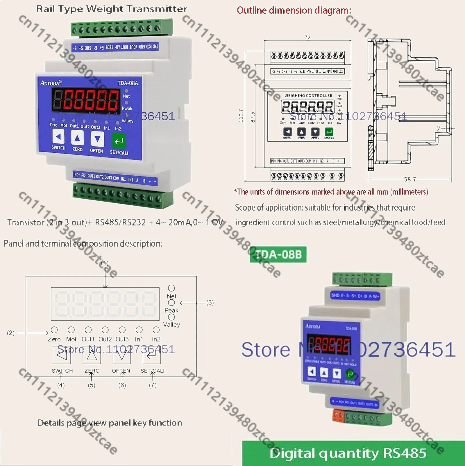 Rail Type Weighing Transmitter, RS232 RS485 Signal Amplifier Module, TDA08A MODBUS RTU