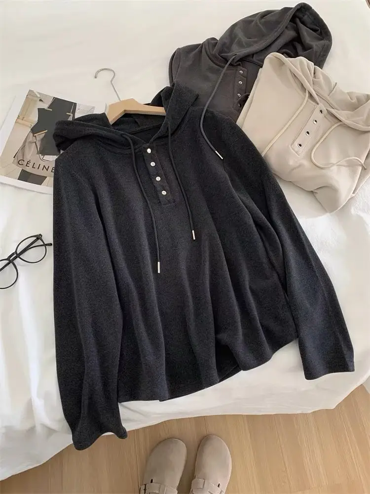 

Chic Button Hooded Long Sleeve T-Shirt 2025 Women's Spring Autumn Fashion Solid Color Base Tops Loose Casual Female Tees