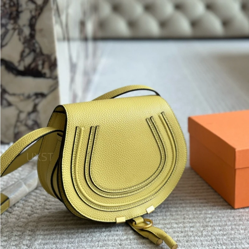 UXST Classic Litchi Pattern Half-Round Bag Metal Ring Buckle Rivet Saddle Bag Semicircle Flap Pocket Real Leather Crossbody Bag