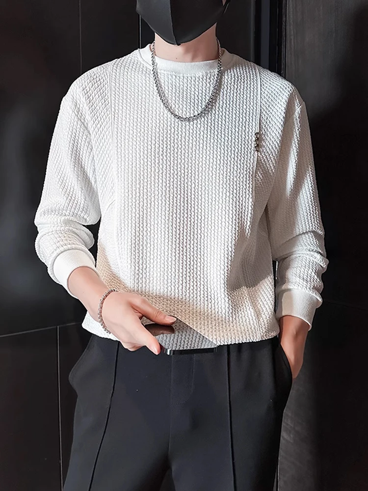 

Casual White Long Sve round Ne Men's Sweatirt Autumn Spring Texture Feel T-irt Inner Wear Pure Color Base irt