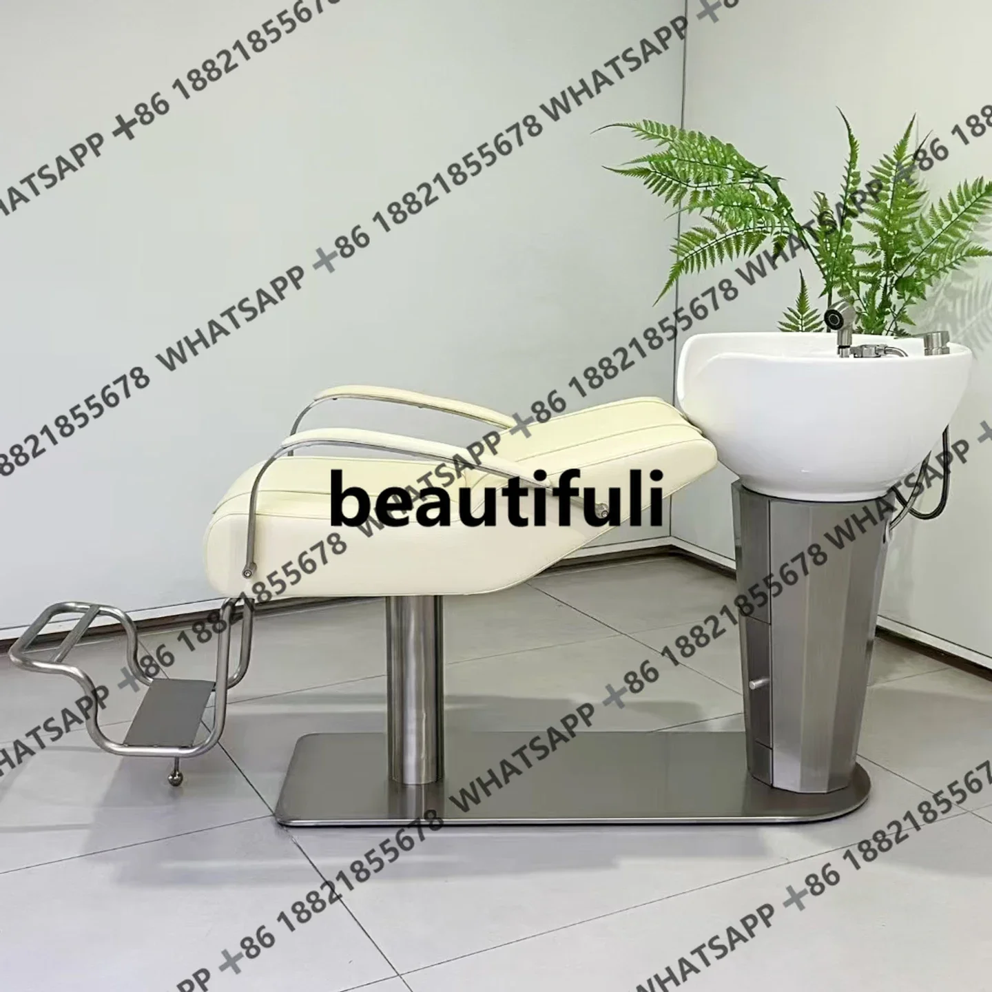 سرير شامبو، محل حلاقة جديد، سرير شامبو نصف مستلق، حوض سيراميك من الفولاذ المقاوم للصدأ، سرير شامبو فلوش