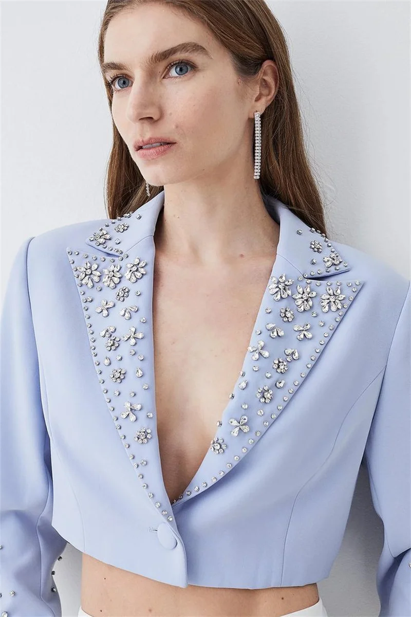 

Crystals Women Suit 2 Pcs Short Blazer+White Straight Pants Sexy V Neck Formal Office Lady Jacket Cotton Customized Wedding Coat