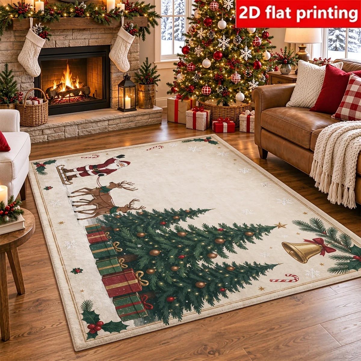 Vintage Santa Sleigh Christmas Area Rug Retro Pine Tree Gift Bell Snowflake Print Large Floor Mat Antique Winter Holiday Carpet