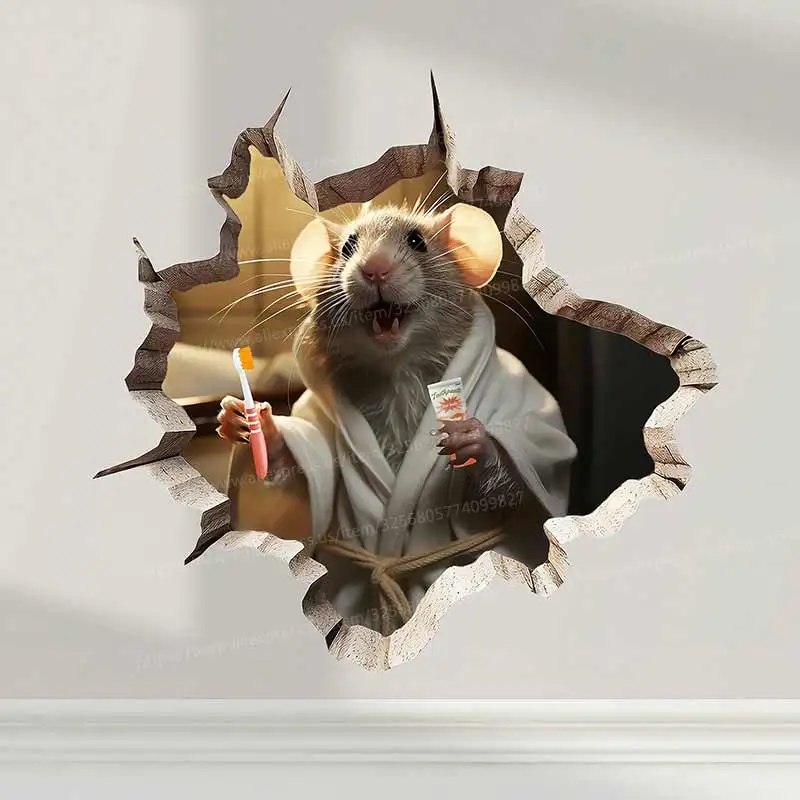 فتحة ماوس لطيفة، ملصق جدار للأسنان في فتحة الحائط، ملصق ثقب الماوس، ملصق جداري لفرشاة الحمام على شكل فأر S794