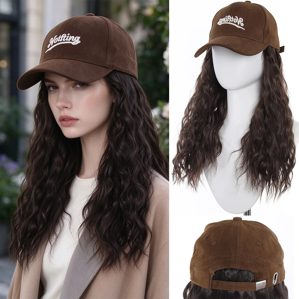 Synthetic Wig Hat Female Fashion Long Curly Hair Wig Coffee Baseball Cap Natural Wig Hat for Daily Party Halloween Christmas Use