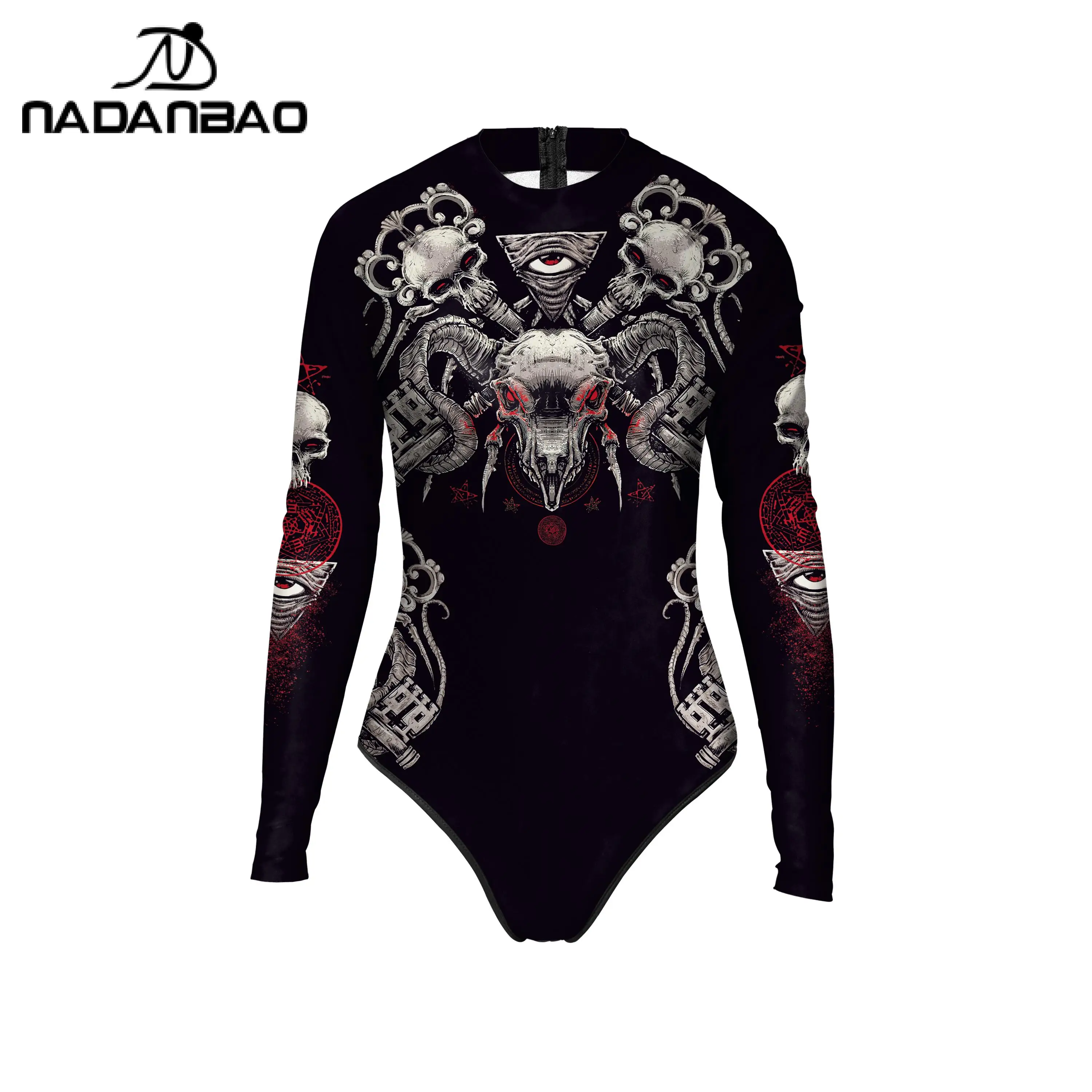 Nadanbao Halloween Party Bodysuit Swimwear Women Swimsuit Female 3D Skeleton Printed Sexy Long Sleeve Jumpsuit One-Piece Suits