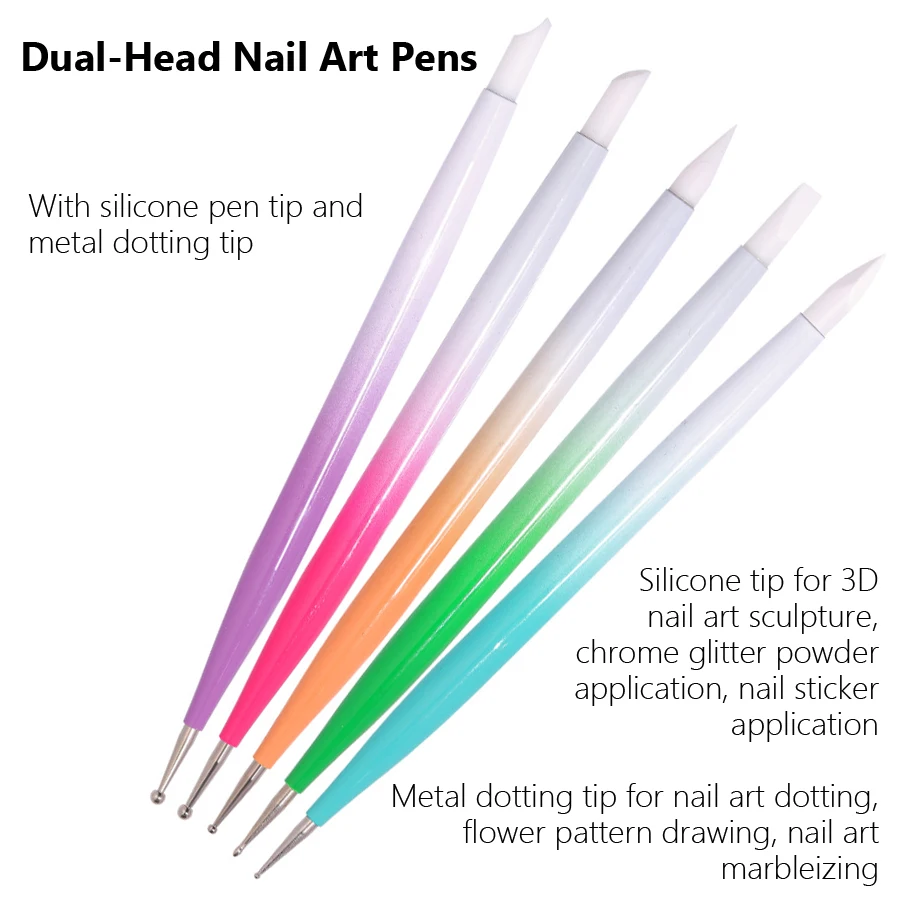 5Pcs Double Headed Silicone Nail Art Pens, Rhinestones Picker, 3D Nail Carving, Dotting, Nails Manicure Tools