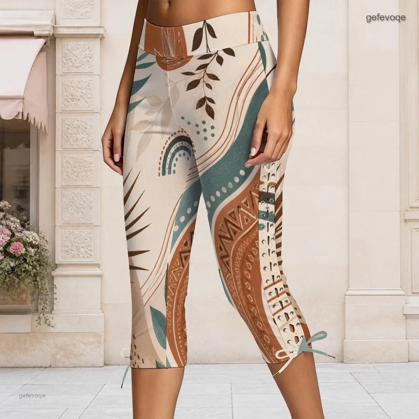 Women Abstract Splash Dot Print High Waist Side Lace Up Fitted Capri Pants