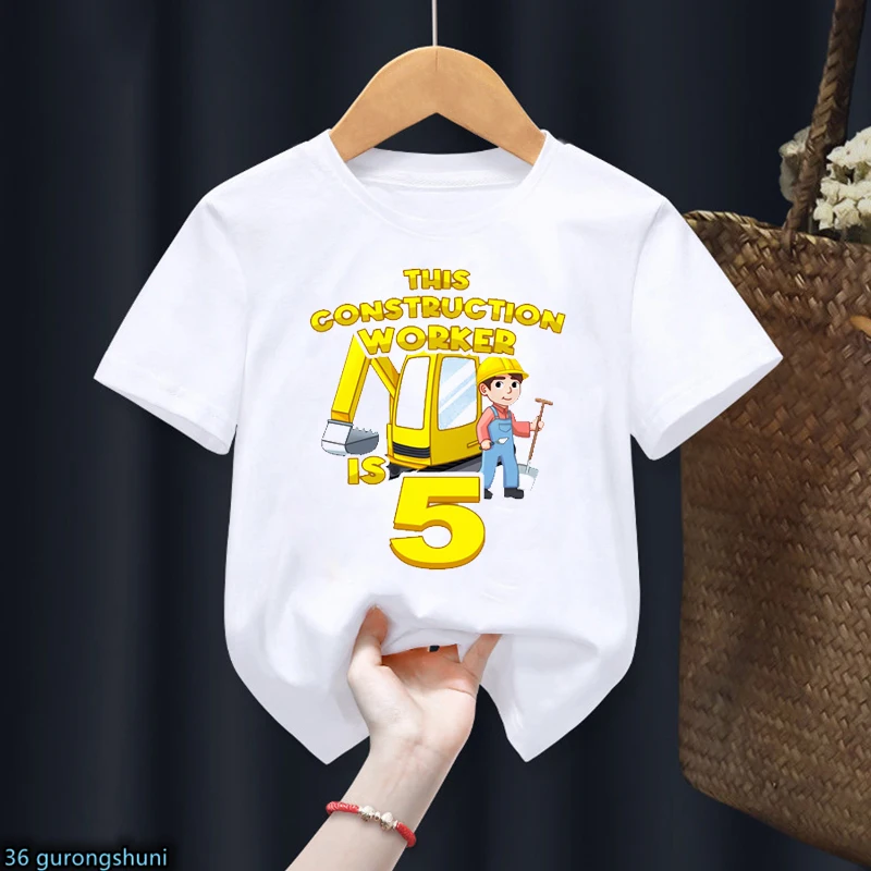 This Construction Worker Is 2 3-10 T Shirt Excavator T-Shirt Birthday Party Gift Shirt Boys Girls Short Sleeve Tees Summer Top