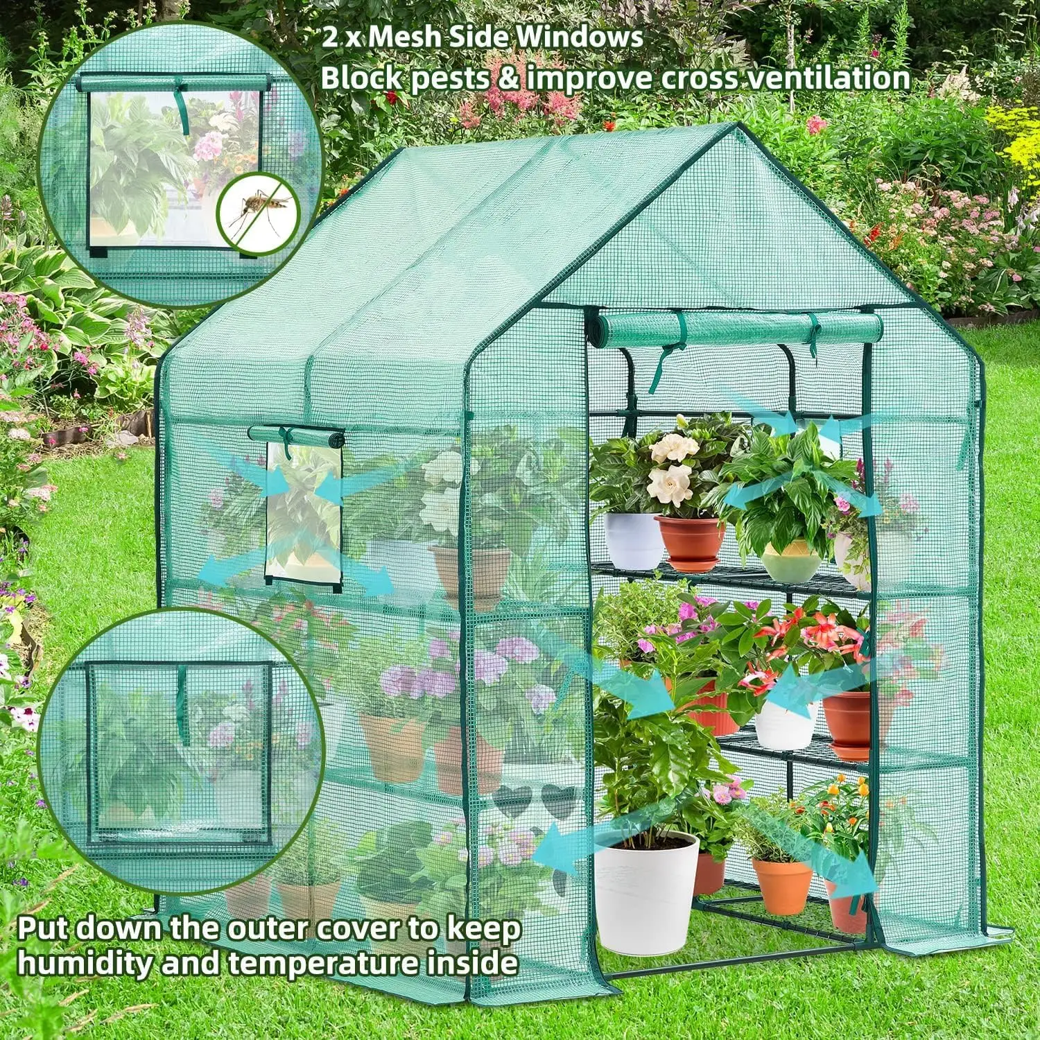 Greenhouse for Outdoors with Screen Windows,Walk in Plant Greenhouses Heavy Duty with Durable PE Cover,3 Tiers 12 Shelves Stands