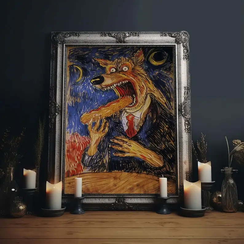 Business Werewolf Eating a Hot Dog, Framed Canvas print, Funny Halloween Art, Spooky Season, The Scream Inspired Funny Art