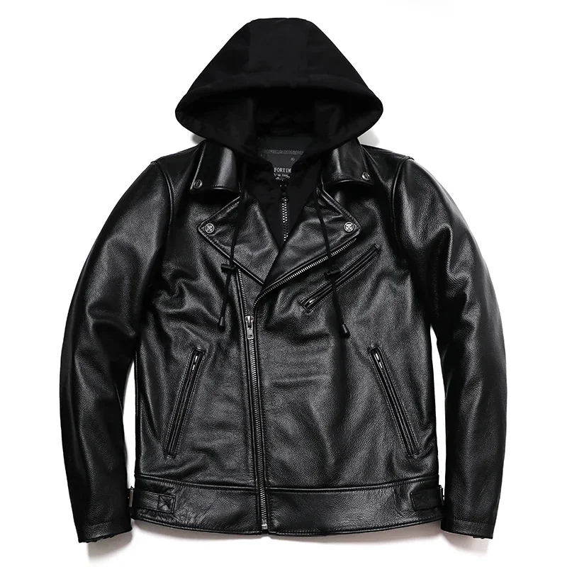 New Motorcycle Detachable Hat Cowhide Real Leather Jacket Men Slim Biker Jackets Oblique Zipper Clothing S-5XL