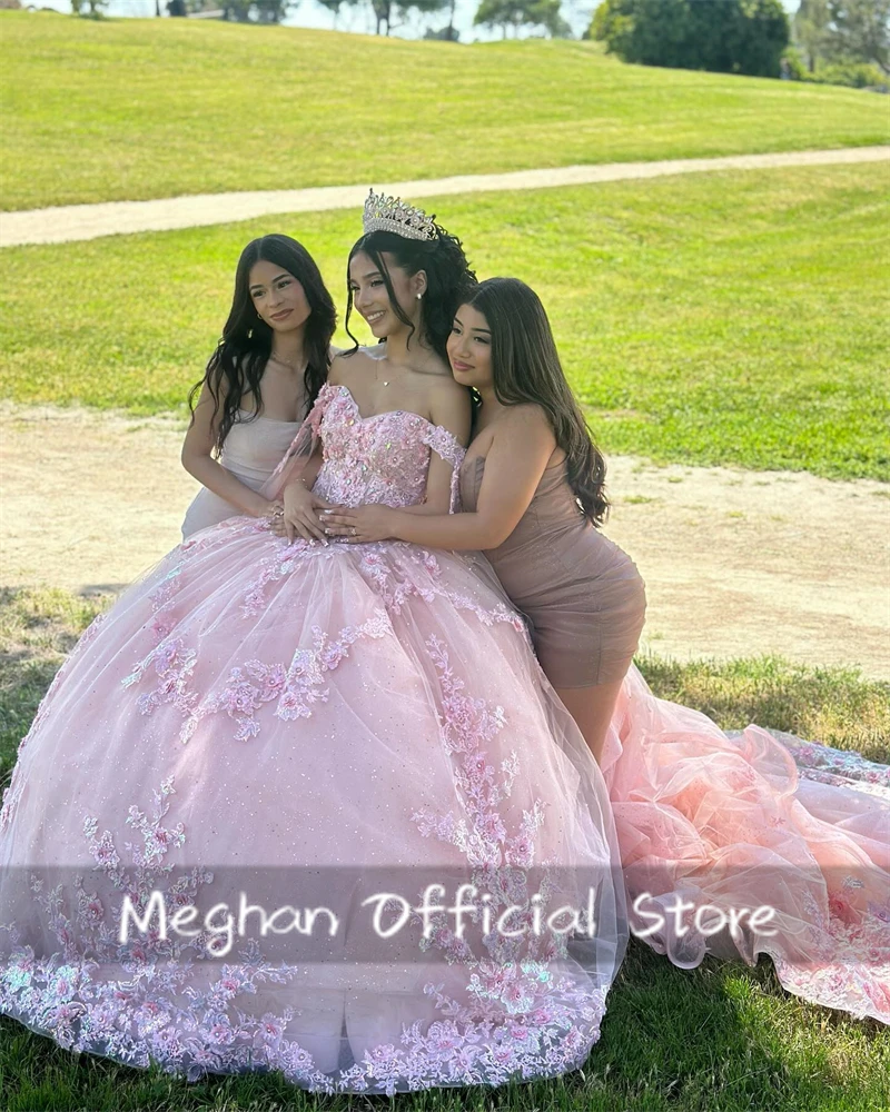 Мексиканское розовое платье Quinceanera с открытыми плечами, бальное платье с аппликацией из бисера, женские платья с шитьем, милое платье 15 дюймов на заказ