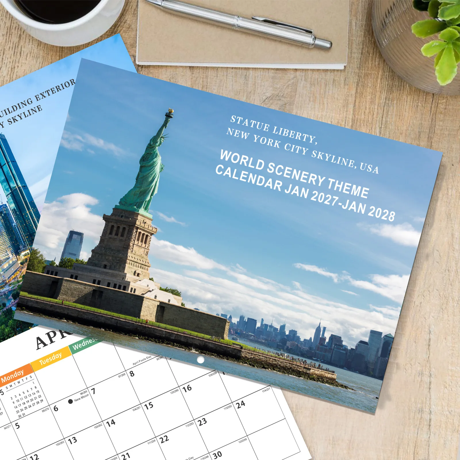 2027-2028 Wall Calendar with Holidays Moon Phases 13 Months World Travel Photos Large Monthly Planner for Planning