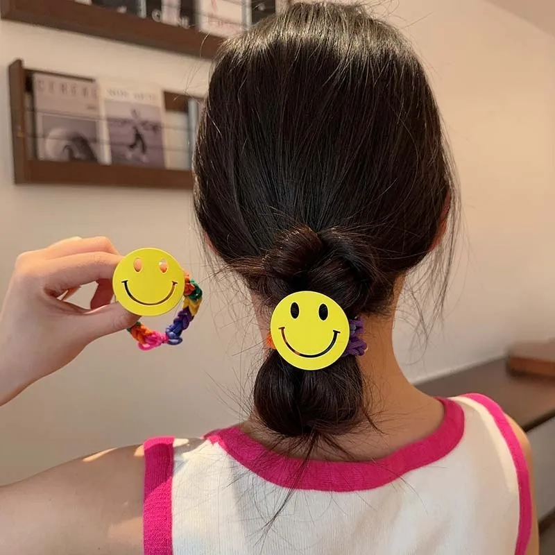 

Big Cartoon Yellow Round Smile Face Colorful Weave High Elastic Hair Band Woman Girl Cute Kawaii Sweet Rubber Ties Headband Gift