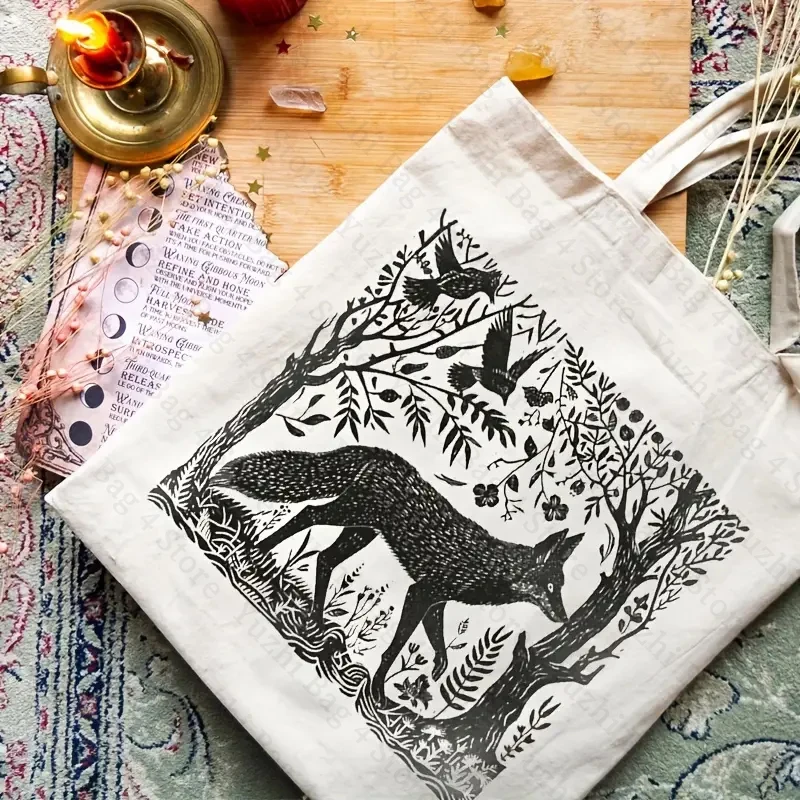 Folklore Forest Fox Lino pattern Tote Bag Canvas Shoulder organizer For Travel Daily Commute Women\'s Reusable Shopping Bags