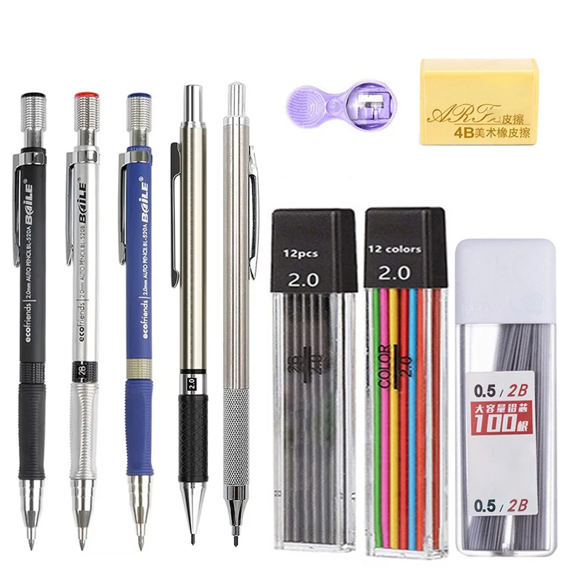 Druckbleistift-Set 2,0 mm mit 2B Schwarz/Farben, Mine-Nachfüll-Radiergummi für Schüler, Schreiben, Skizzieren, Malen, automatische Stifte