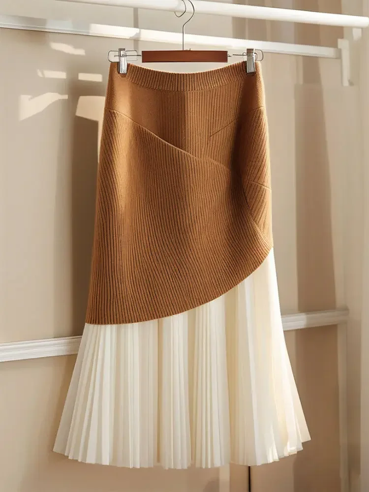 

2025 Spring New Knitted Patchwork Skirts Y2k High Waist Thicked Warm Faldas Mujer Mid-length Ruched A-line Skirt for Women