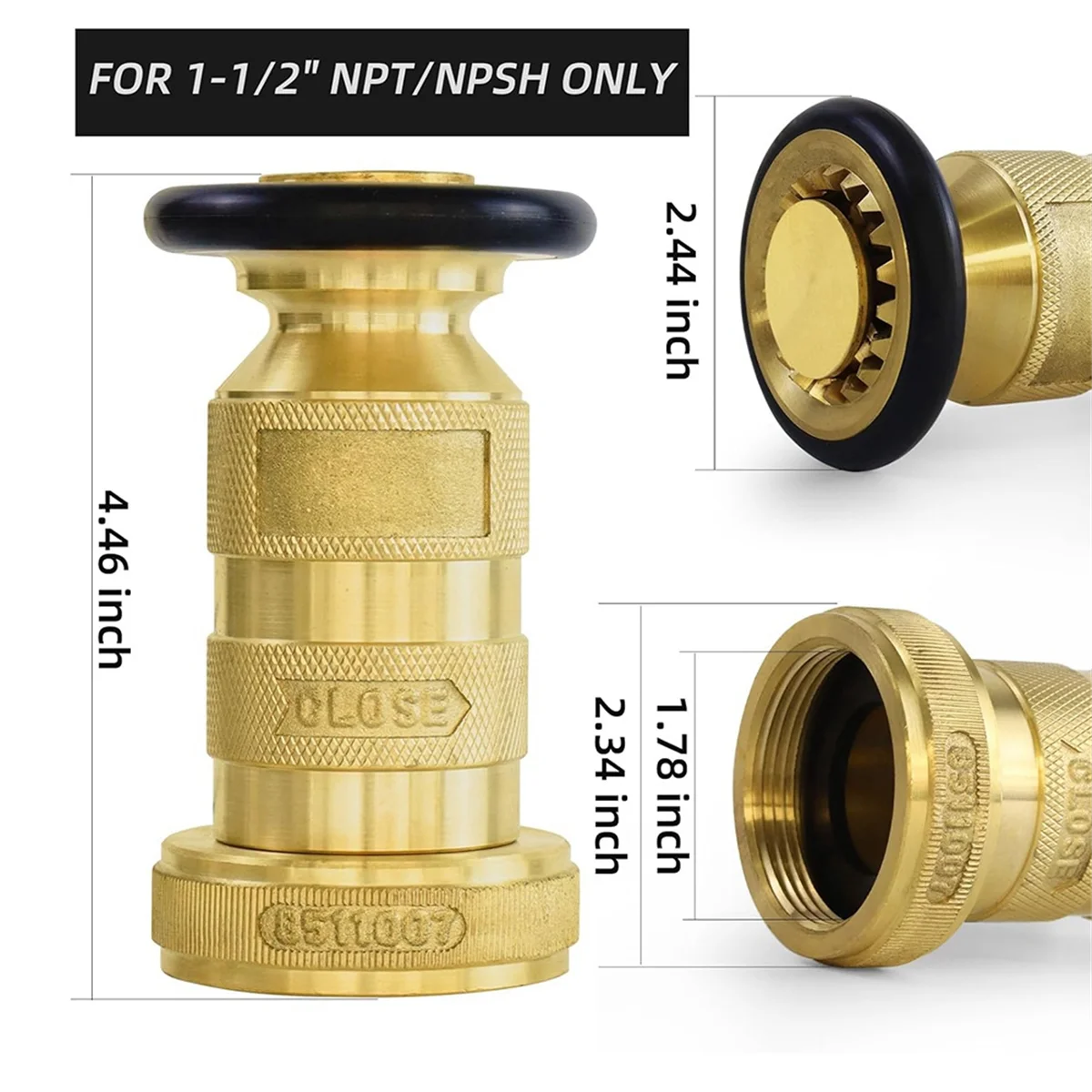 

A002 Fire Hose Nozzle 1-1/2 Inch NPSH/NPT Fire Hose Nozzle 100 Psi 75 Gpm Brass Fire Equipment Jet Fog Sprays Nozzle