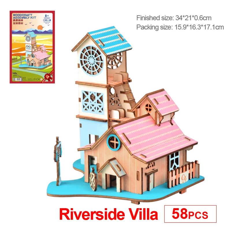 Diy ヴィラ建物模型玩具 3d 木製パズル川岸護岸ハウス木製キットパズルゲーム組立玩具キッズギフト p20