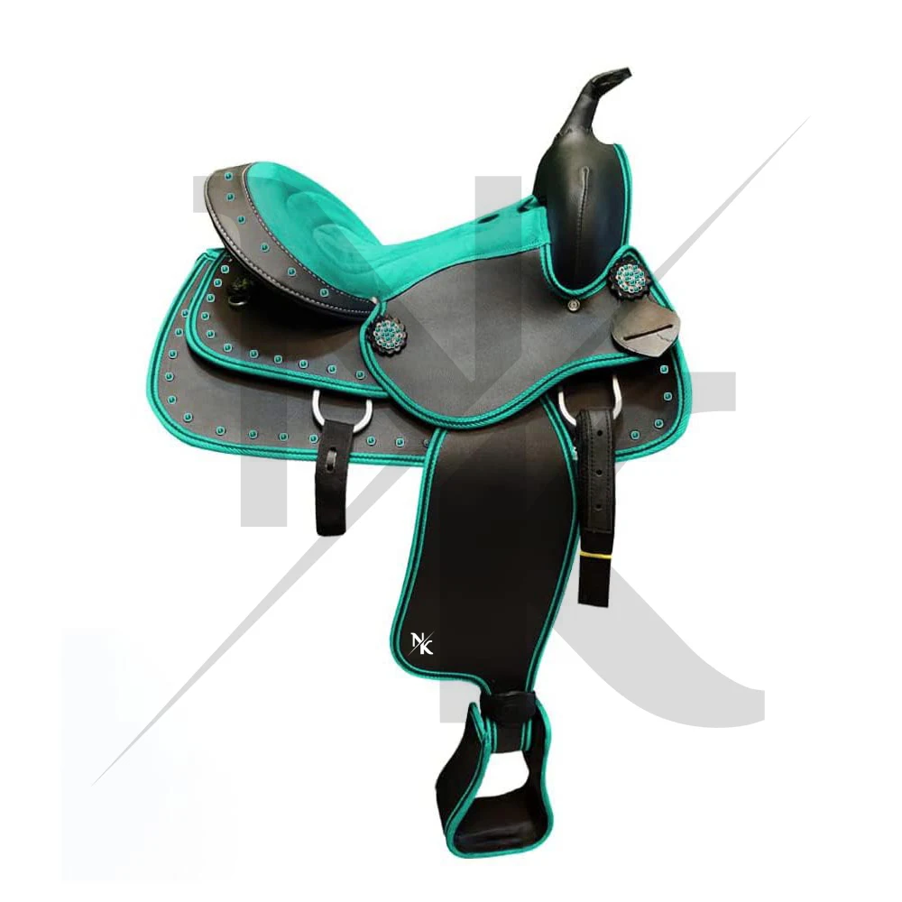 Premium Leather Western Saddle Black Cyan Nickel Plated Hardware Off Road Riding Harness