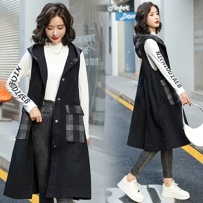 

Slimming Effect Spring Autumn Women's Casual Hooded Mid-Length Vest Large Size Outerwear Faionable Commute Sle Cotton