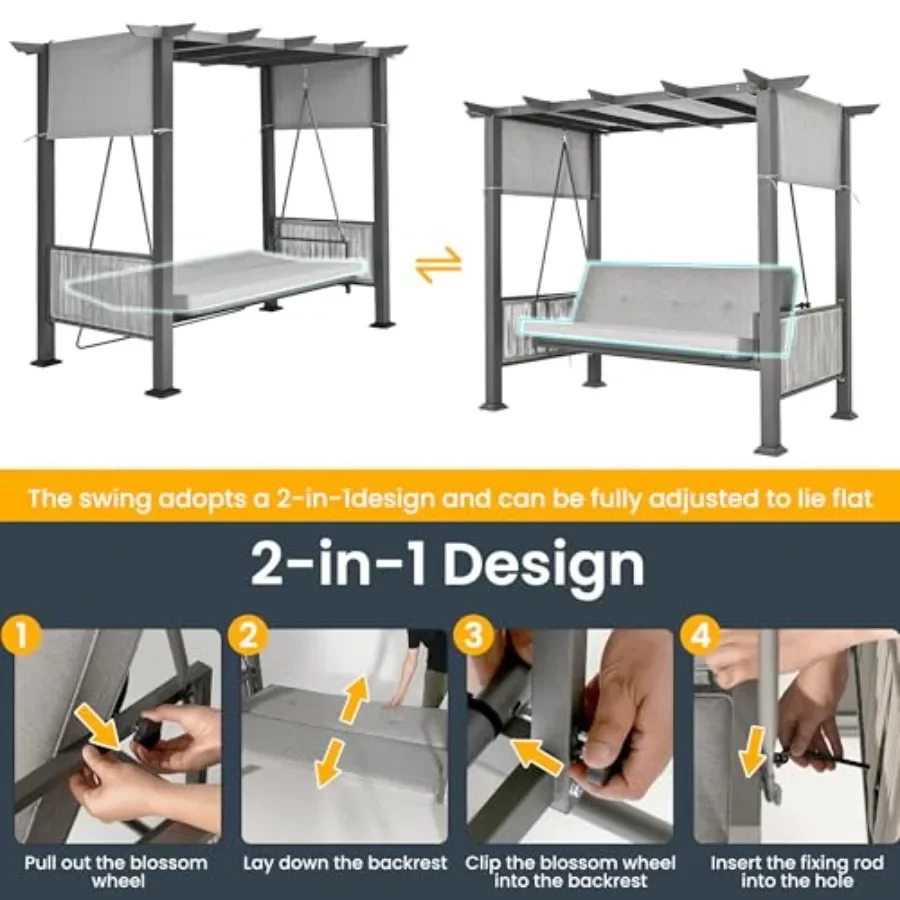 3-Seat Porch Swing with Stand, 990 LBS 2 in 1 Convertible Bed Patio Swings with Canopy Adjustable, Wicker Side Panel Swing Chai