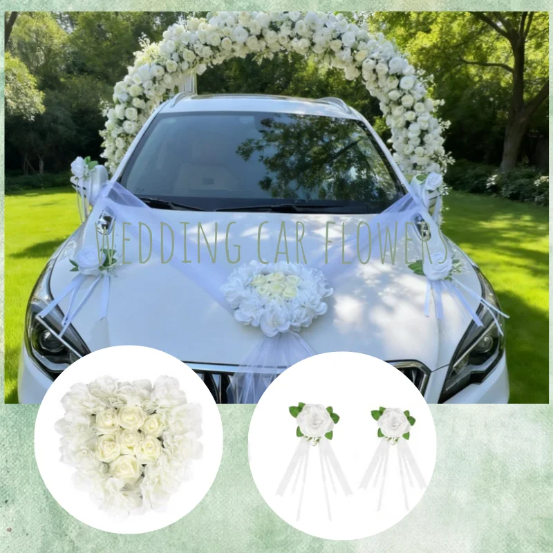 

Wedding Car Decoration Kit Heart-Shaped Artificial Flower Set Bridal Car Floral Garland All-In-One Kit with Tulle Accessories