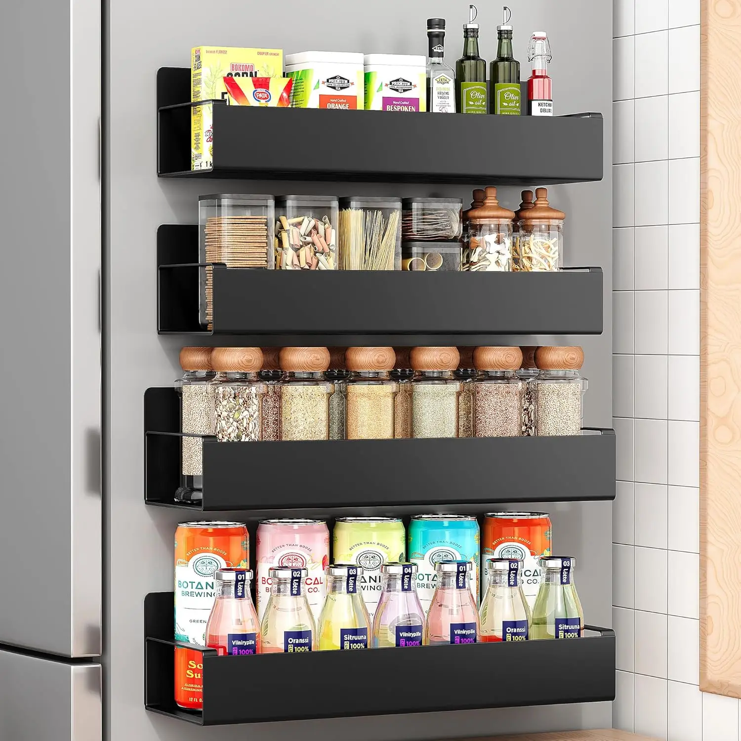 Magnetic Fridge Shelf Spice Storage Rack Black Iron Space Saving for Cabinet on The Side of Refrigerator Kitchen Organizer Shelf