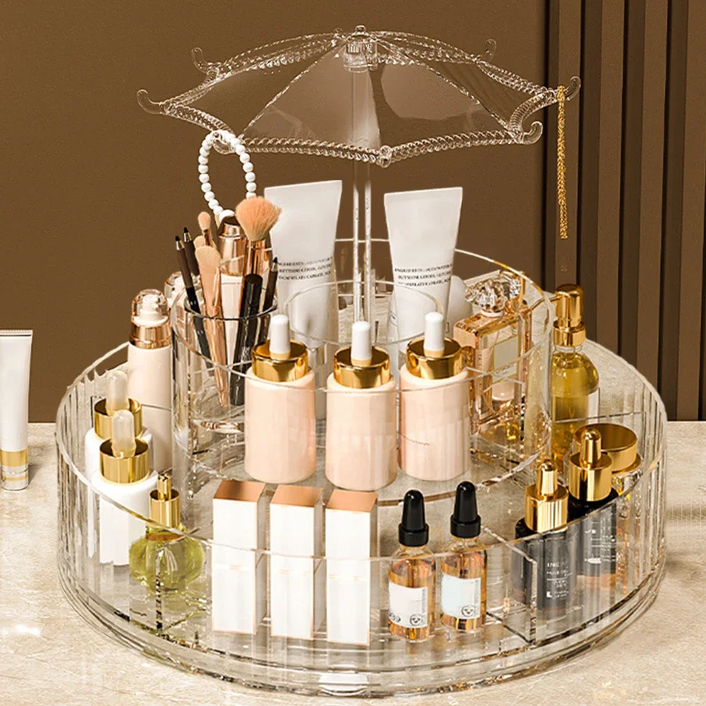 360 Rotating Make Up Caddy Shelf 2 Layer Turntable Cosmetics Storage Tray Round Acrylic Clear for Countertop Vanity and Bathroom