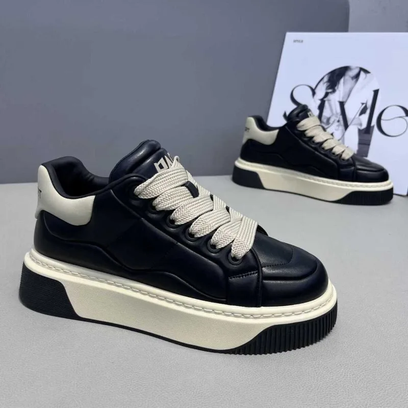 

Black Men's Platform Shoes Designer Lace-up Flat Casual Shoes New Fashion Anti-slip Height-increasing Sneakers Zapatos Casuales