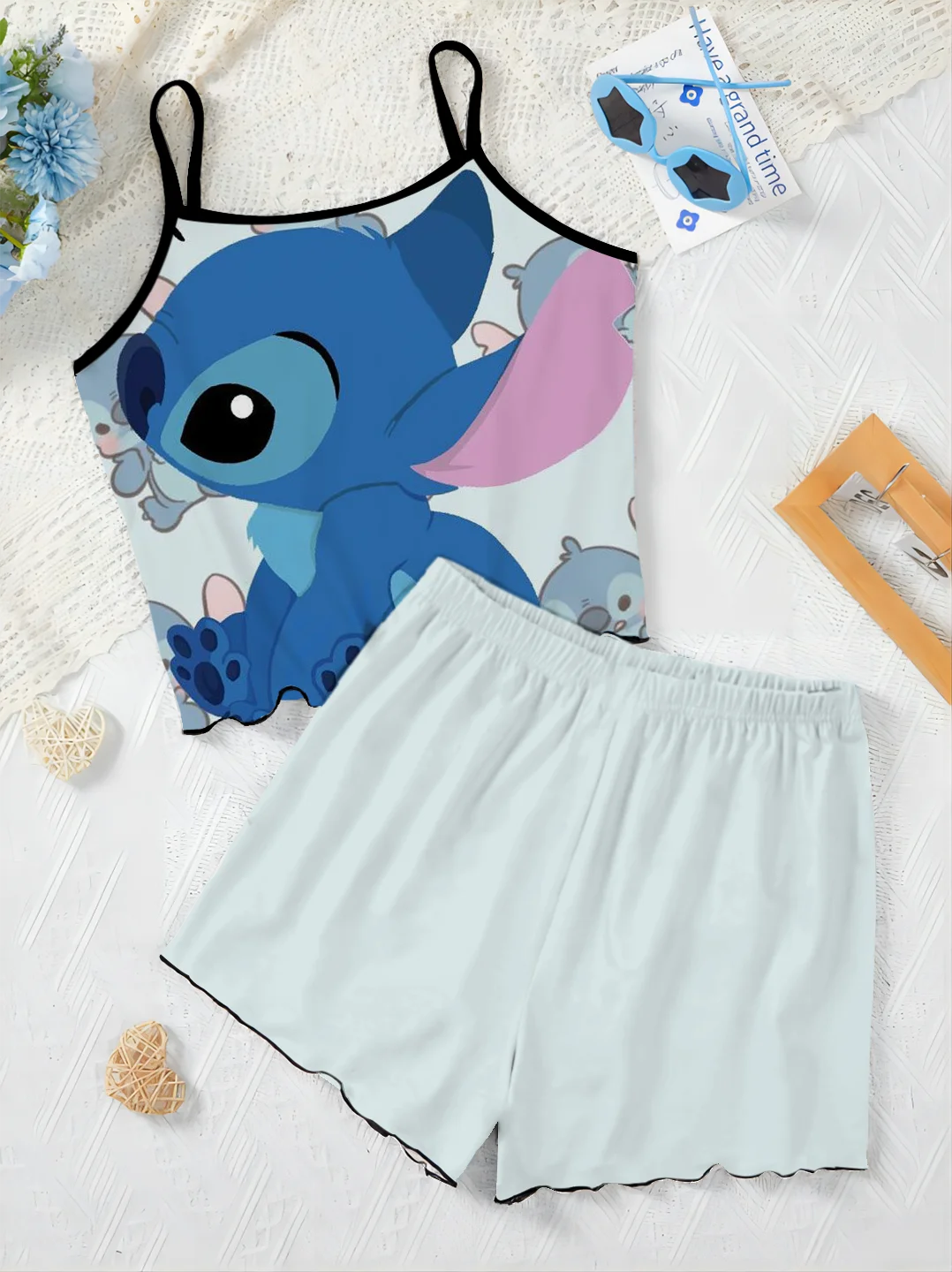 Pajama Skirt Stitch Women's Suit Disney Lettuce Trim T-shirt Home Dress Top Short Sets Pieces Elegant 2-piece Luxury Disney Top